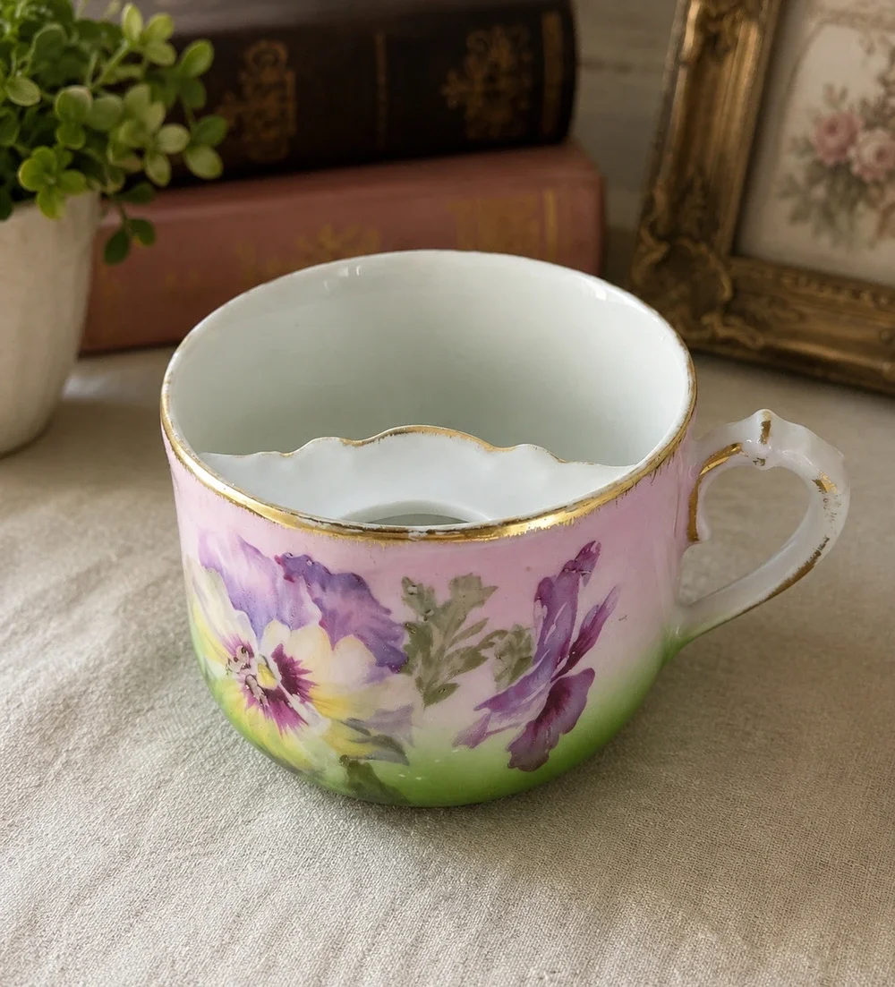 Antique Bavaria Hand Painted Mustache Cup Floral Porcelain Shaving Mug Gold Trim
